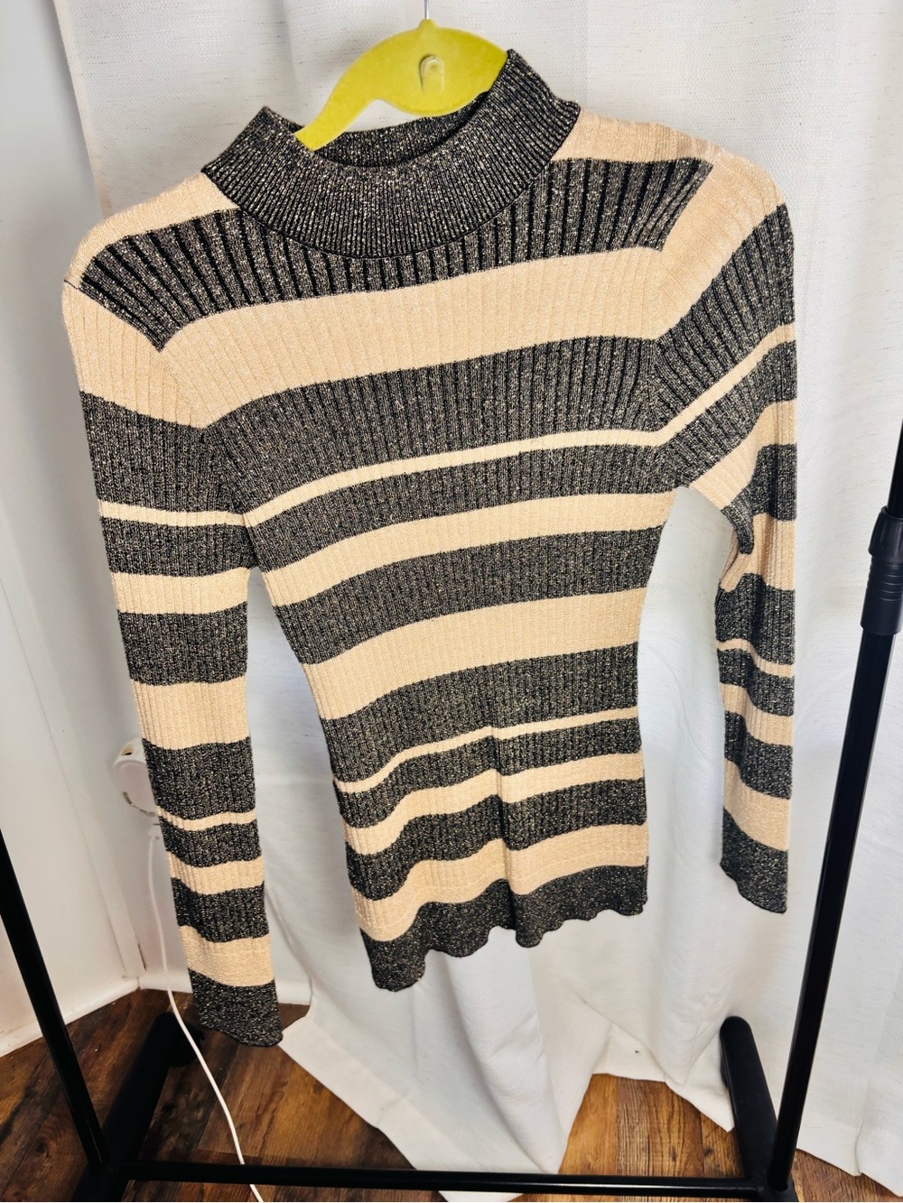 Striped Ribbed Mock Neck Sweater - Black & Cream